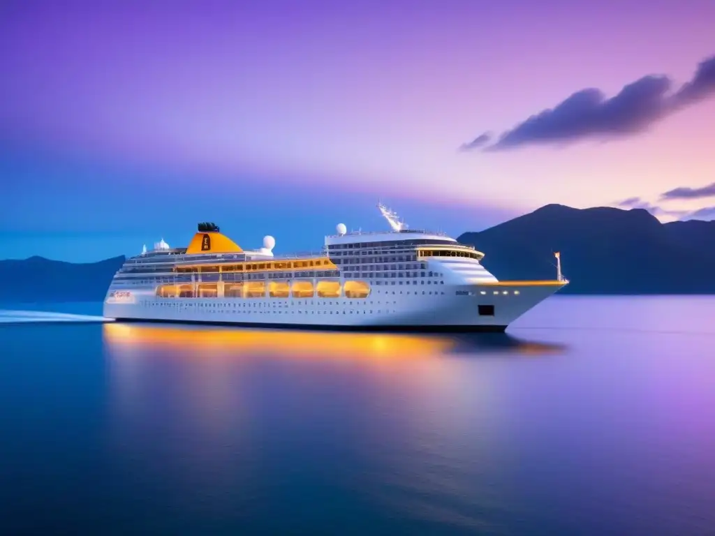 Un crucero de lujo surca aguas cristalinas al atardecer, reflejando la calidez del sol