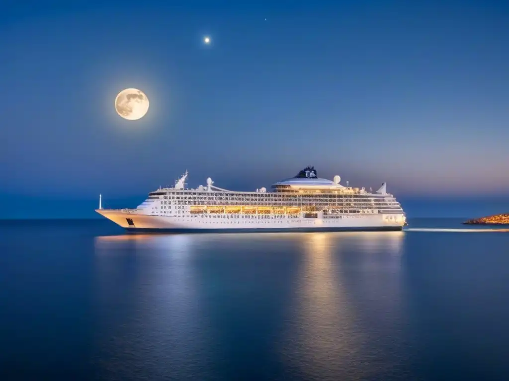 Un crucero de lujo navegando en aguas cristalinas bajo un cielo estrellado, con luces brillantes y la luna llena