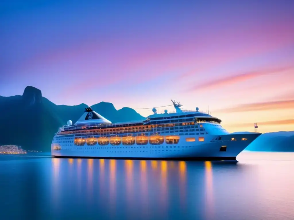 Un crucero de lujo surca aguas cristalinas al atardecer, rodeado de montañas brumosas