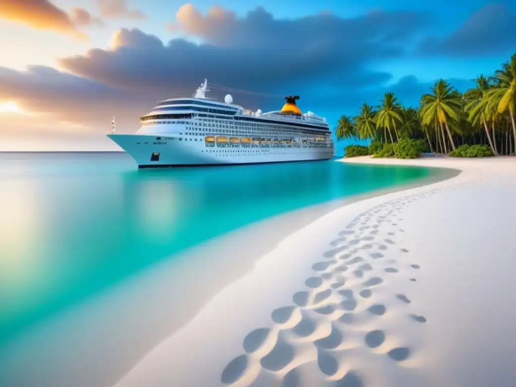 Un crucero de lujo surca aguas cristalinas al atardecer, con palmeras y una playa de arena blanca