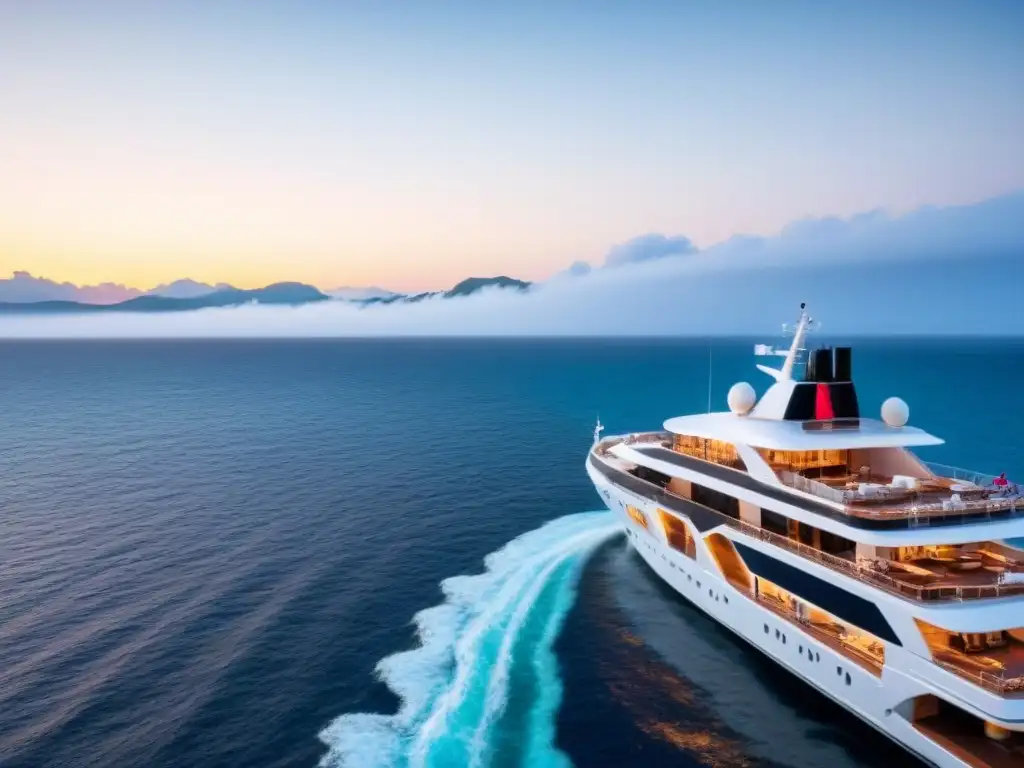 Un crucero de lujo navegando en aguas cristalinas al atardecer con pasajeros en cubierta respetando medidas sanitarias cruceros pandemia