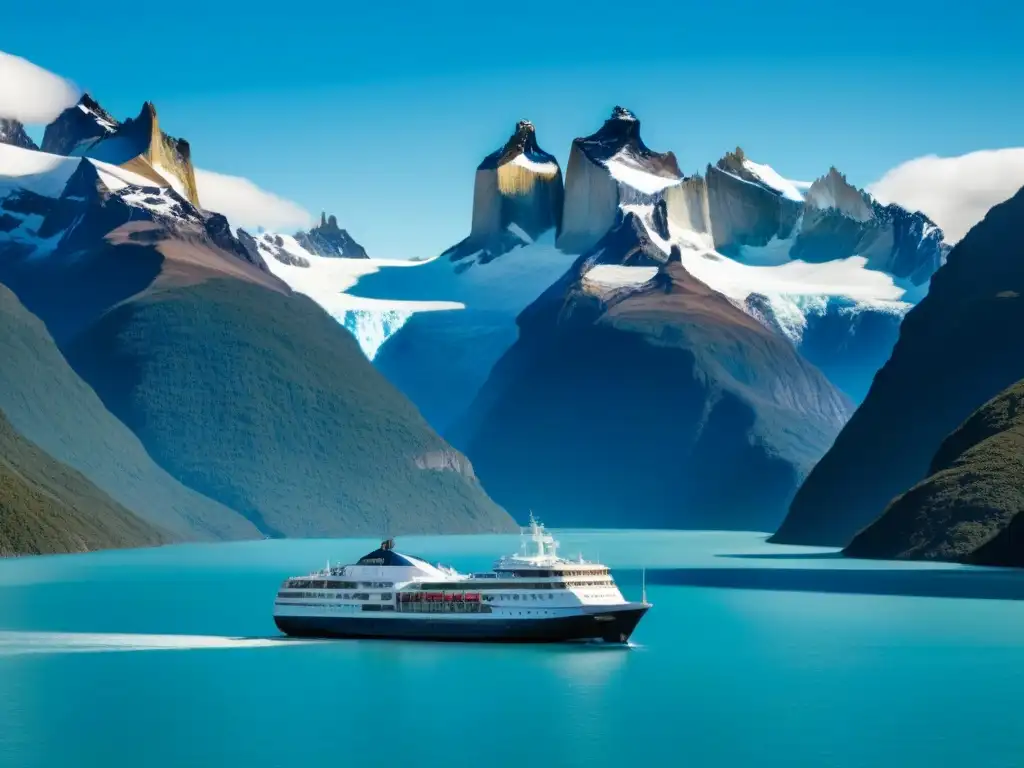 Un crucero de lujo en Patagonia surcando aguas heladas entre montañas nevadas y glaciares, reflejando elegancia y tranquilidad