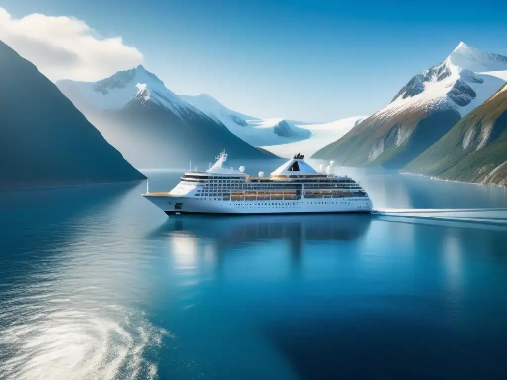 Crucero de lujo en aguas heladas con montañas nevadas Un crucero de lujo navegando en aguas heladas con montañas nevadas al fondo