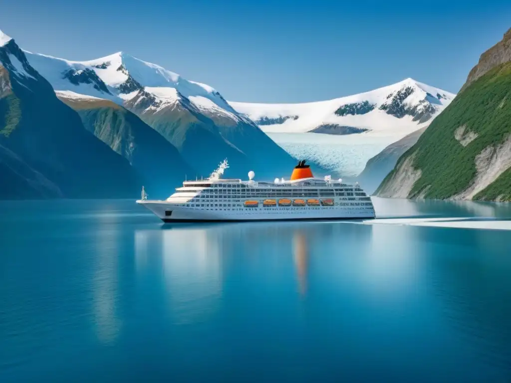 Un crucero de lujo navegando en aguas heladas entre montañas nevadas bajo un cielo soleado