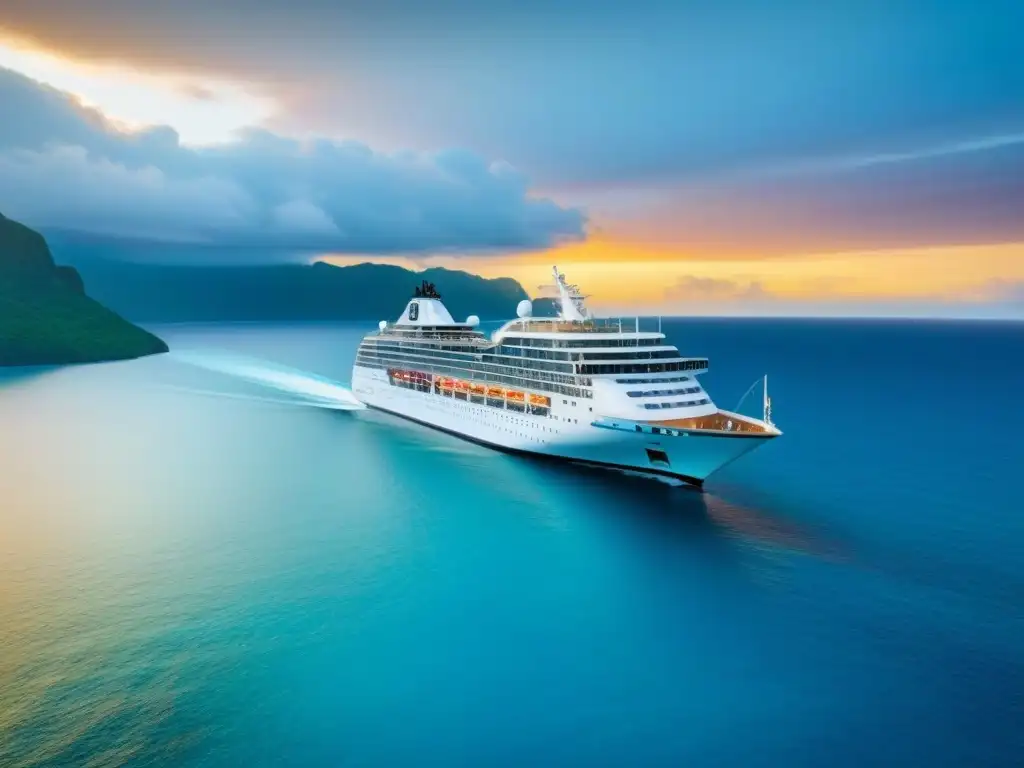 Crucero de lujo en aguas turquesas al atardecer Crucero de lujo navegando en aguas turquesa con islas verdes al fondo y un vibrante atardecer