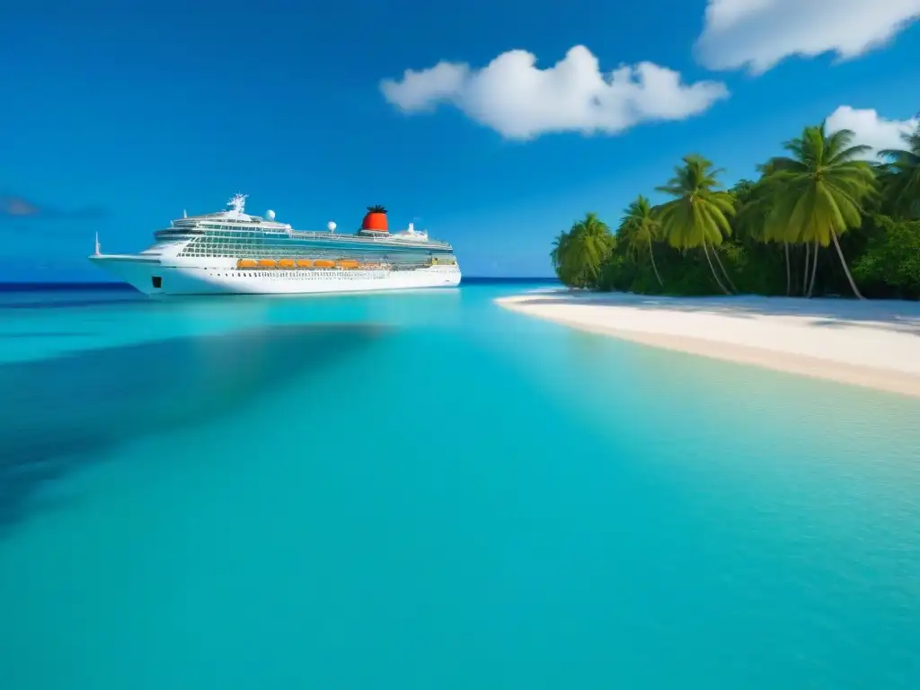 Un crucero de lujo navegando en aguas turquesa con palmeras verdes en una playa blanca, evocando aventura y relajación