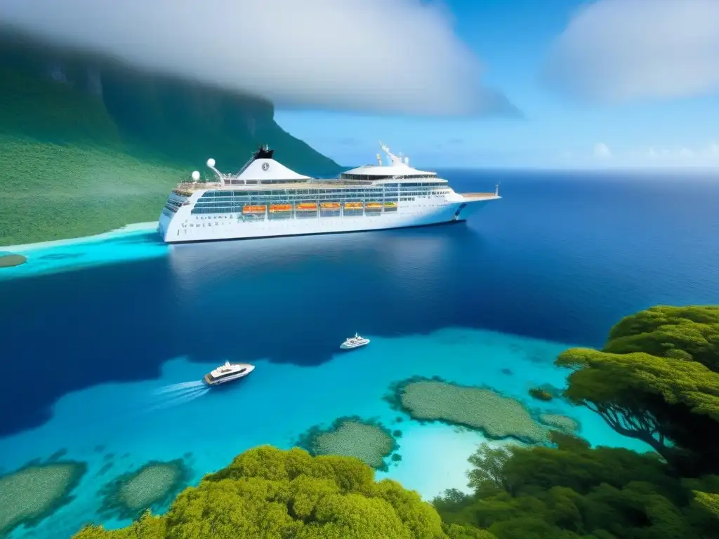 Un crucero de lujo navegando entre aguas turquesa, rodeado de arrecifes de coral vibrantes y peces coloridos