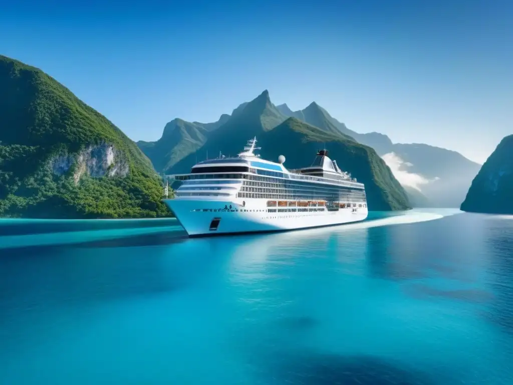 Un crucero de lujo navegando entre aguas turquesa, rodeado de montañas cubiertas de vegetación bajo un cielo azul