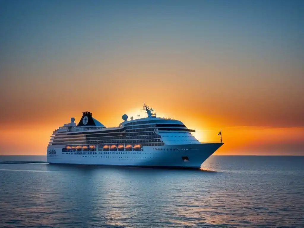 Un crucero de lujo navegando tranquilamente en aguas serenas al atardecer, con un cielo azul claro y el sol dorado