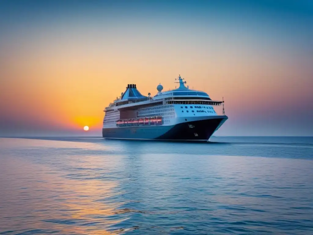 Un crucero de lujo navegando en aguas serenas al atardecer