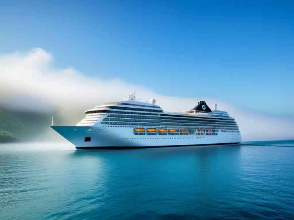 Un crucero de lujo surcando aguas serenas bajo un cielo azul, destacando la tranquilidad y la importancia del seguro de crucero para la paz mental