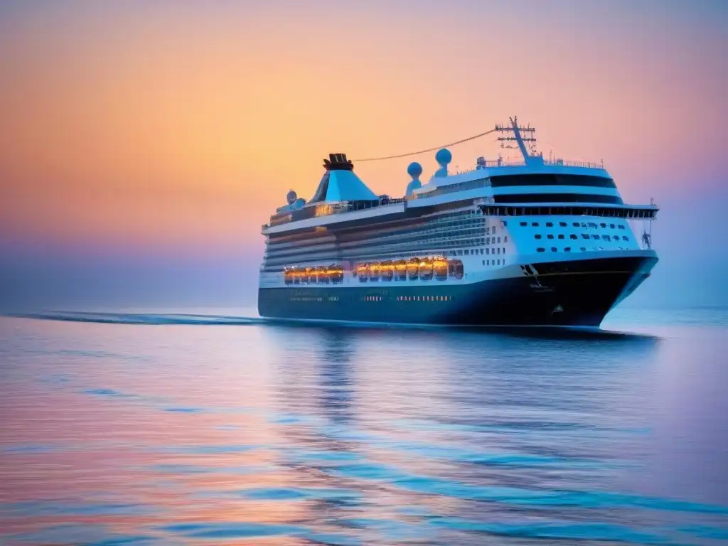 Un crucero de lujo en aguas tranquilas al atardecer, con medidas de seguridad y salud, creando una experiencia de bienestar