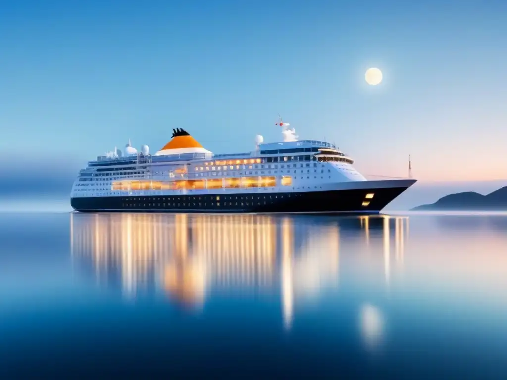 Un crucero de lujo navegando en aguas tranquilas bajo un cielo estrellado, reflejando luces en el mar