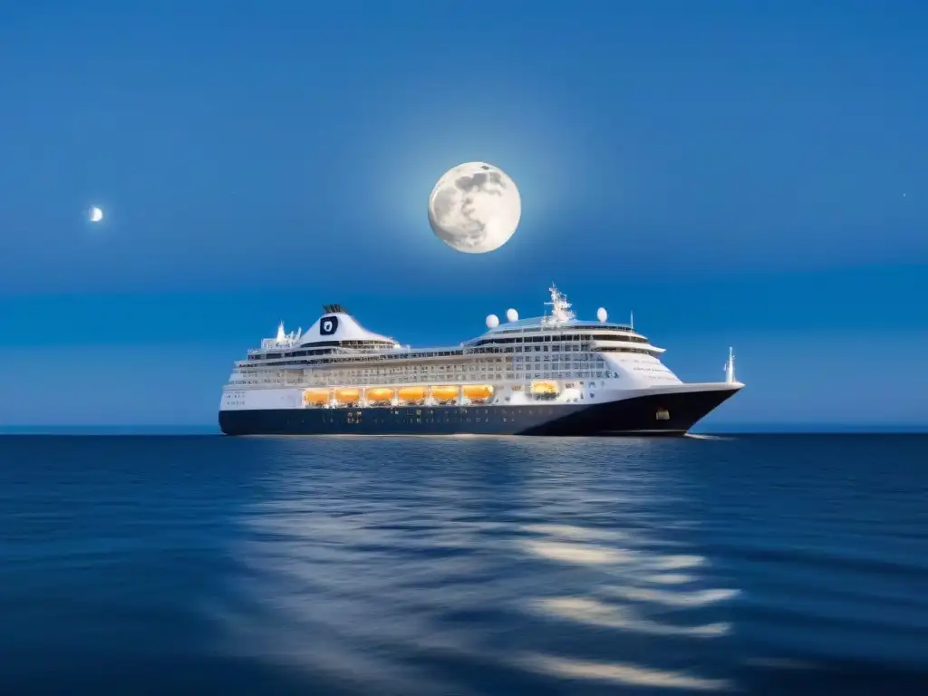 Crucero de lujo navegando en aguas tranquilas bajo un cielo estrellado, reflejo de la luna