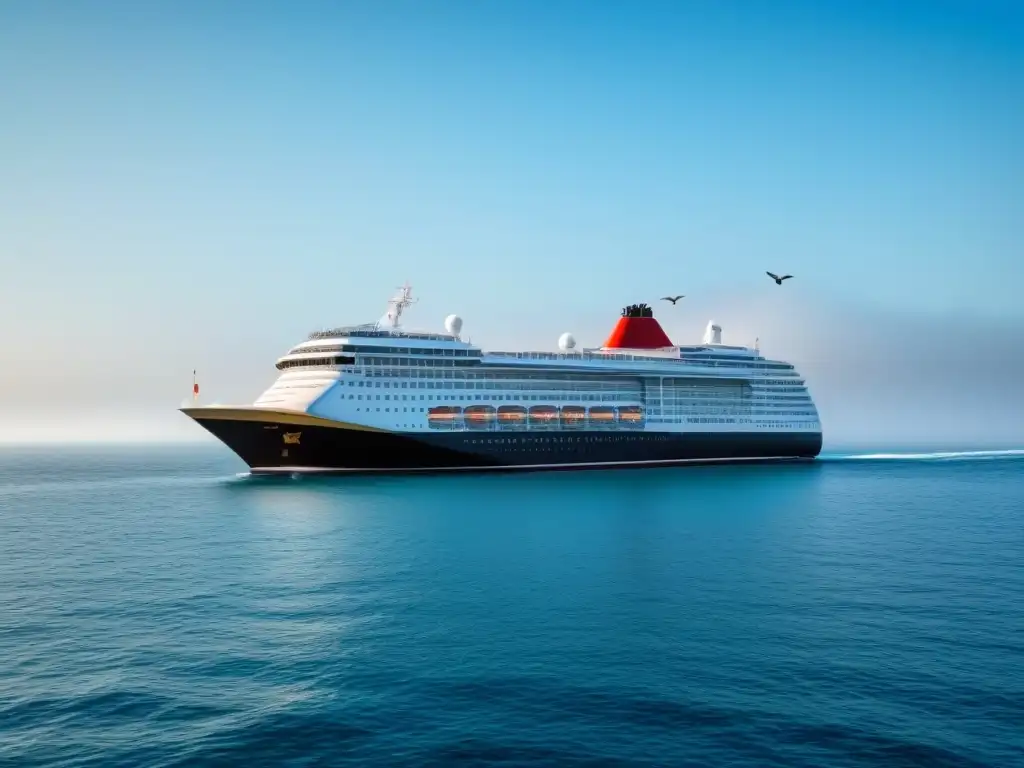 Un crucero de lujo navega en aguas tranquilas bajo un cielo azul, con gaviotas