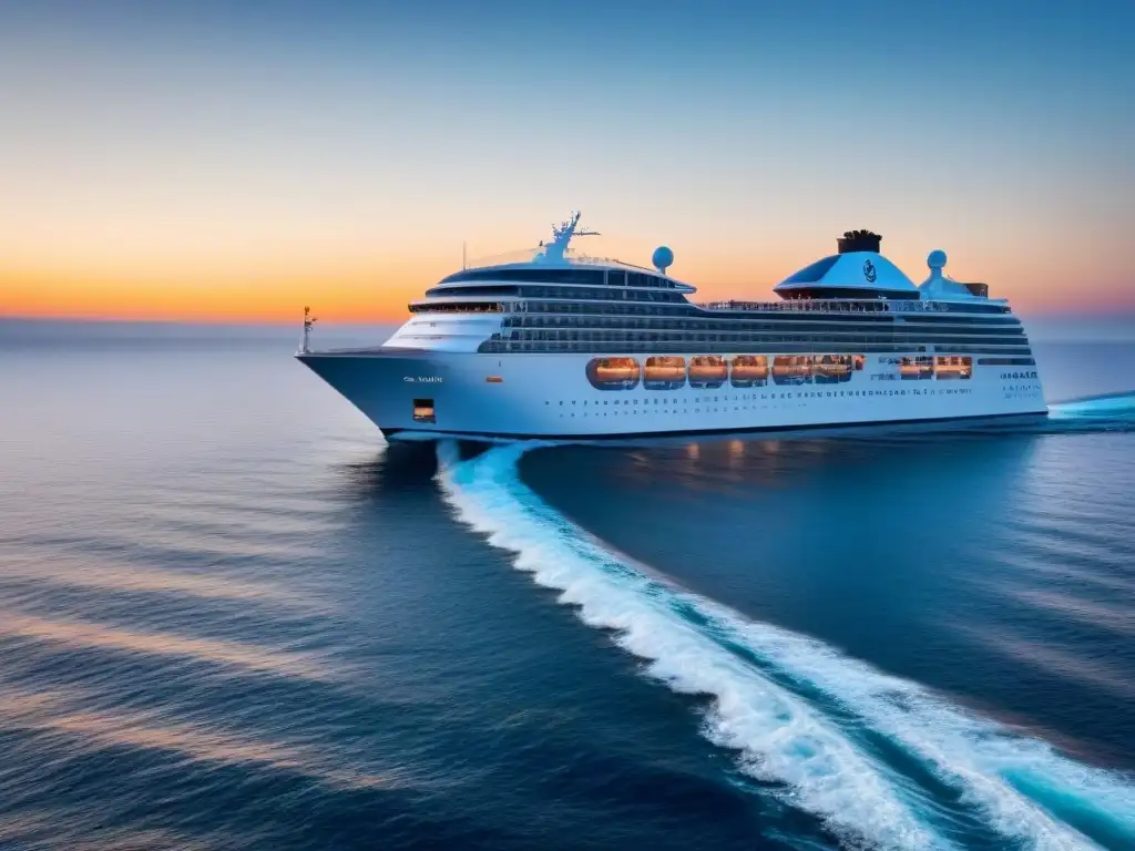 Un crucero de lujo navegando en aguas tranquilas al atardecer, reflejando serenidad y beneficios crucero reservar Navegantes