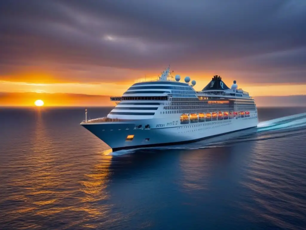 Un crucero de lujo navegando en aguas tranquilas al atardecer, reflejando elegancia y confort