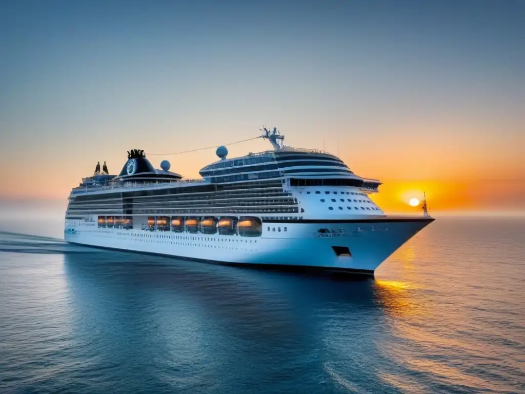 Un crucero de lujo navega suavemente en aguas tranquilas al atardecer, ideal para jubilados en busca de las mejores tarifas cruceros jubilados