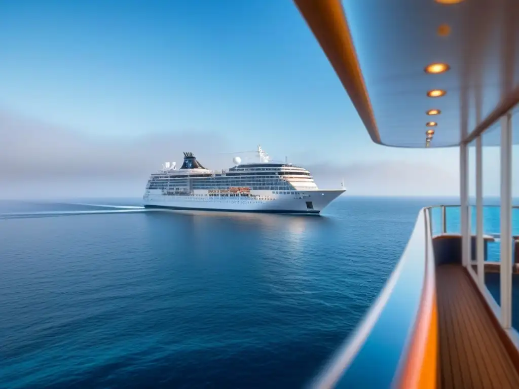 Un crucero de lujo navegando serenamente en aguas tranquilas, con un cielo azul claro