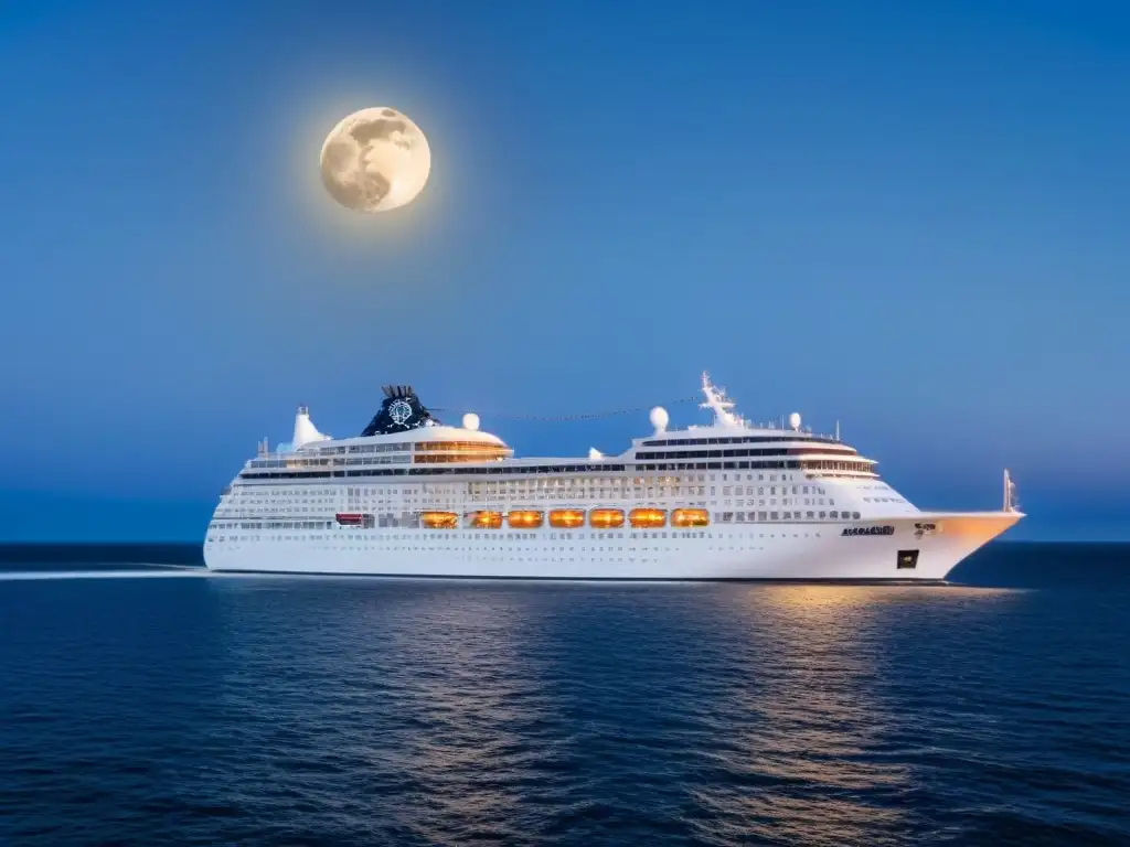 Un crucero de lujo navegando en aguas tranquilas bajo un cielo estrellado y la luna brillante, transmitiendo seguridad en cruceros de lujo