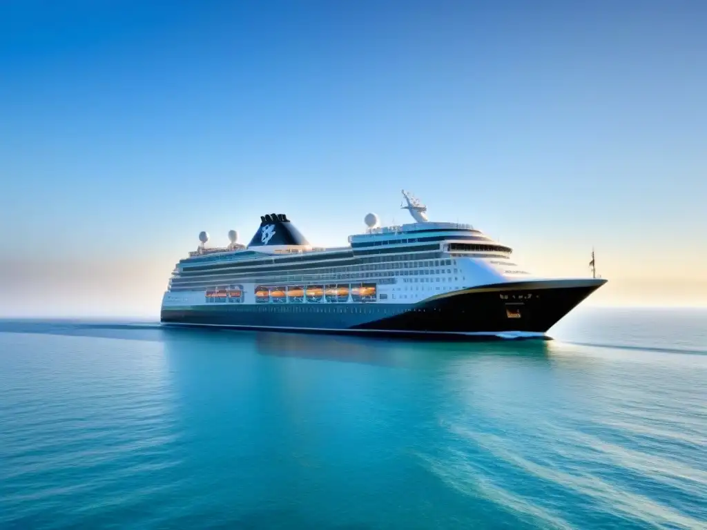 Un crucero de lujo navegando en aguas tranquilas bajo un cielo azul, con un diseño elegante