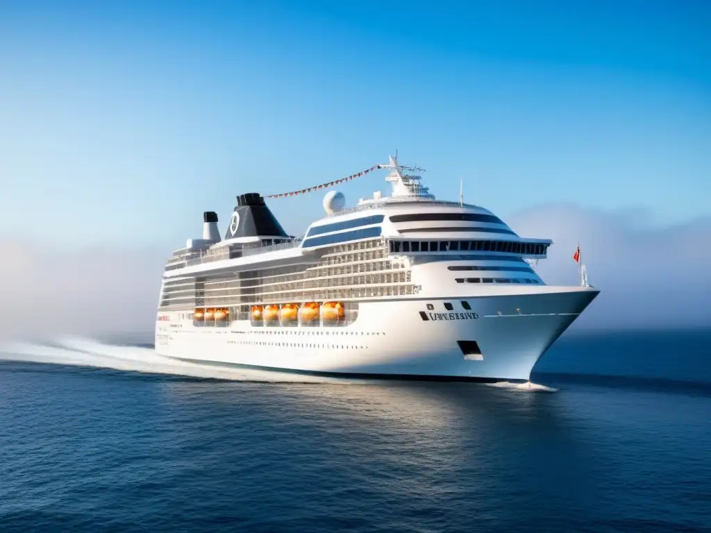 Un crucero de lujo navega elegantemente en aguas tranquilas bajo un cielo azul claro