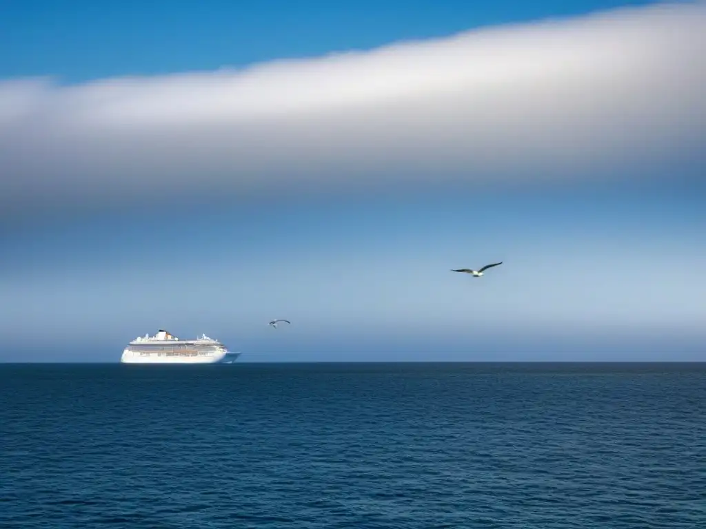 Un crucero de lujo navegando en aguas tranquilas bajo un cielo azul, con una gaviota sobrevolando