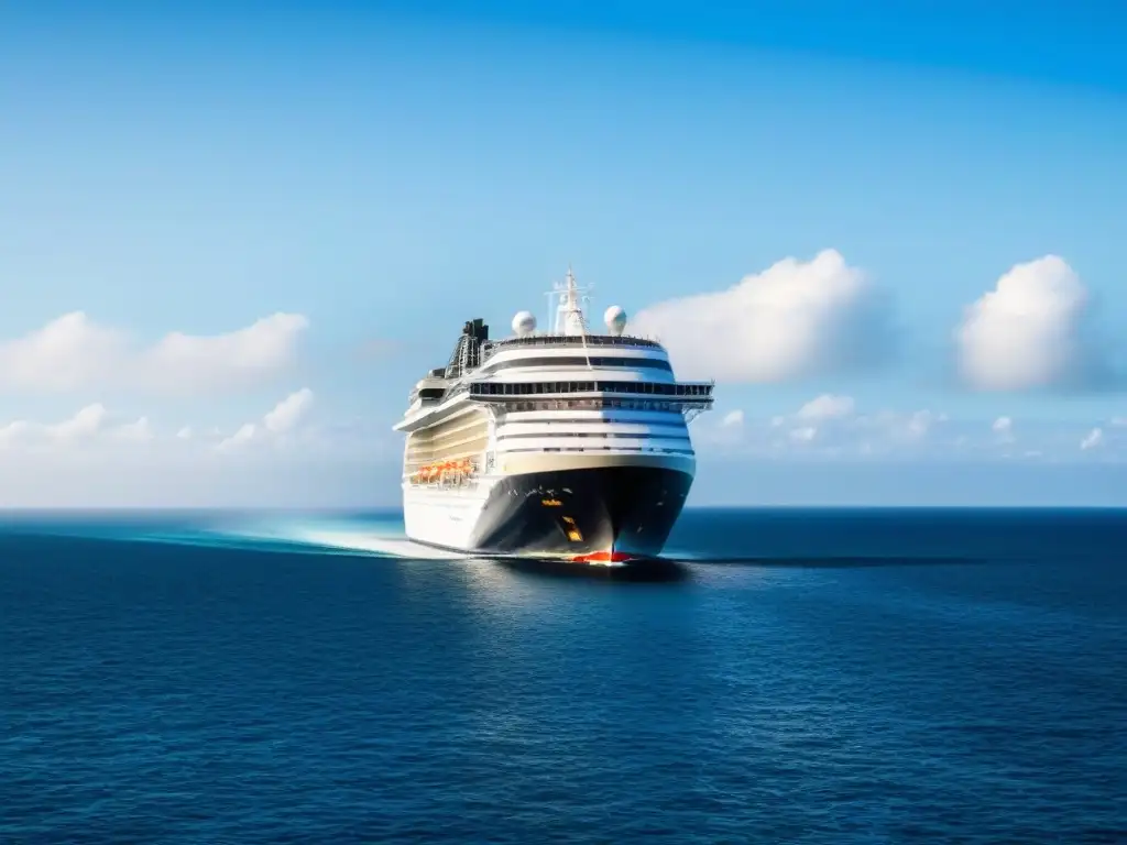 Un crucero de lujo navegando suavemente en aguas tranquilas, bajo un cielo azul claro