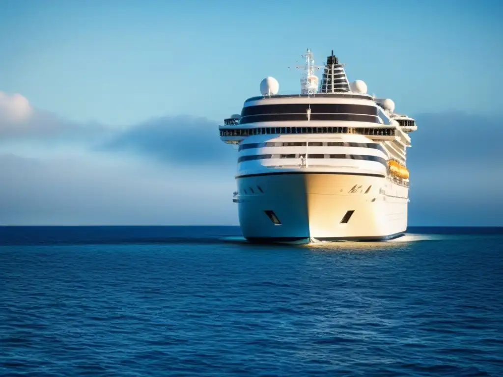 Un crucero de lujo navegando en aguas tranquilas, reflejando seguridad y confort