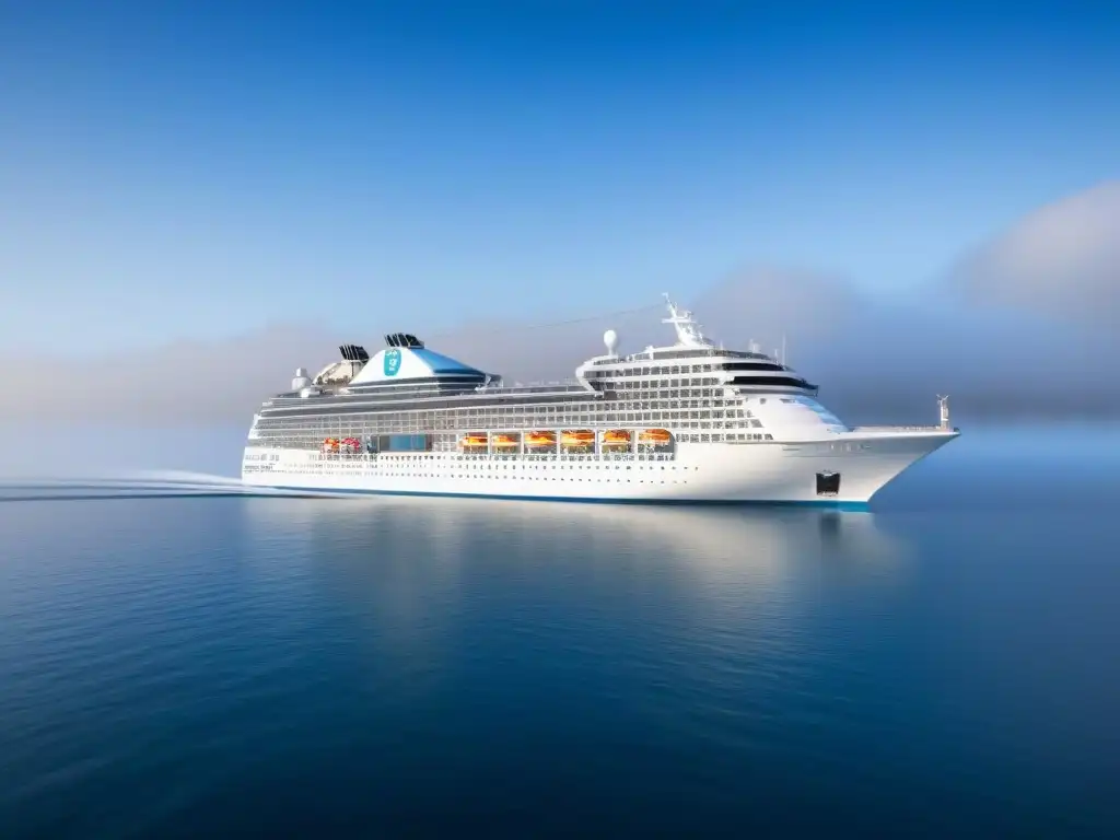 Un crucero de lujo navega suavemente en aguas tranquilas bajo un cielo azul, reflejando serenidad y elegancia