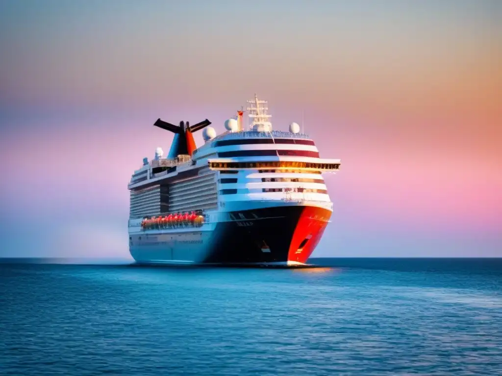 Crucero de lujo al atardecer: serenidad y elegancia en alta mar Un crucero de lujo navegando en aguas tranquilas al atardecer, reflejando un cielo rosado y anaranjado