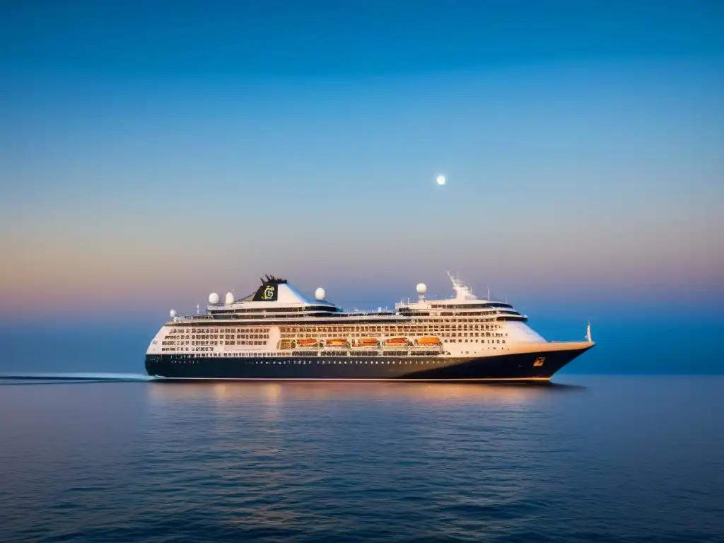 Crucero de lujo al atardecer: serenidad en alta mar Un crucero de lujo navegando en aguas tranquilas al atardecer, reflejando serenidad y la idea de 'Seguro de crucero para viajeros'