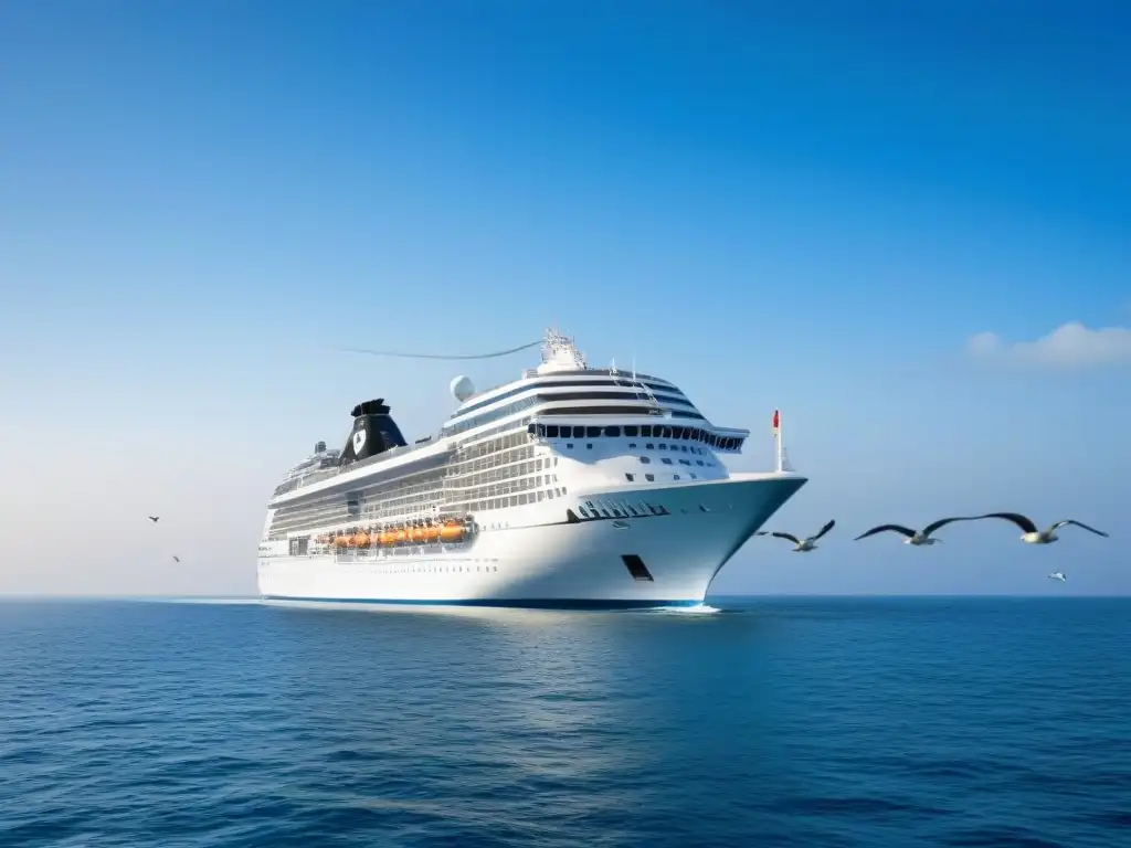 Un crucero de lujo navegando en aguas tranquilas bajo un cielo azul, rodeado de gaviotas