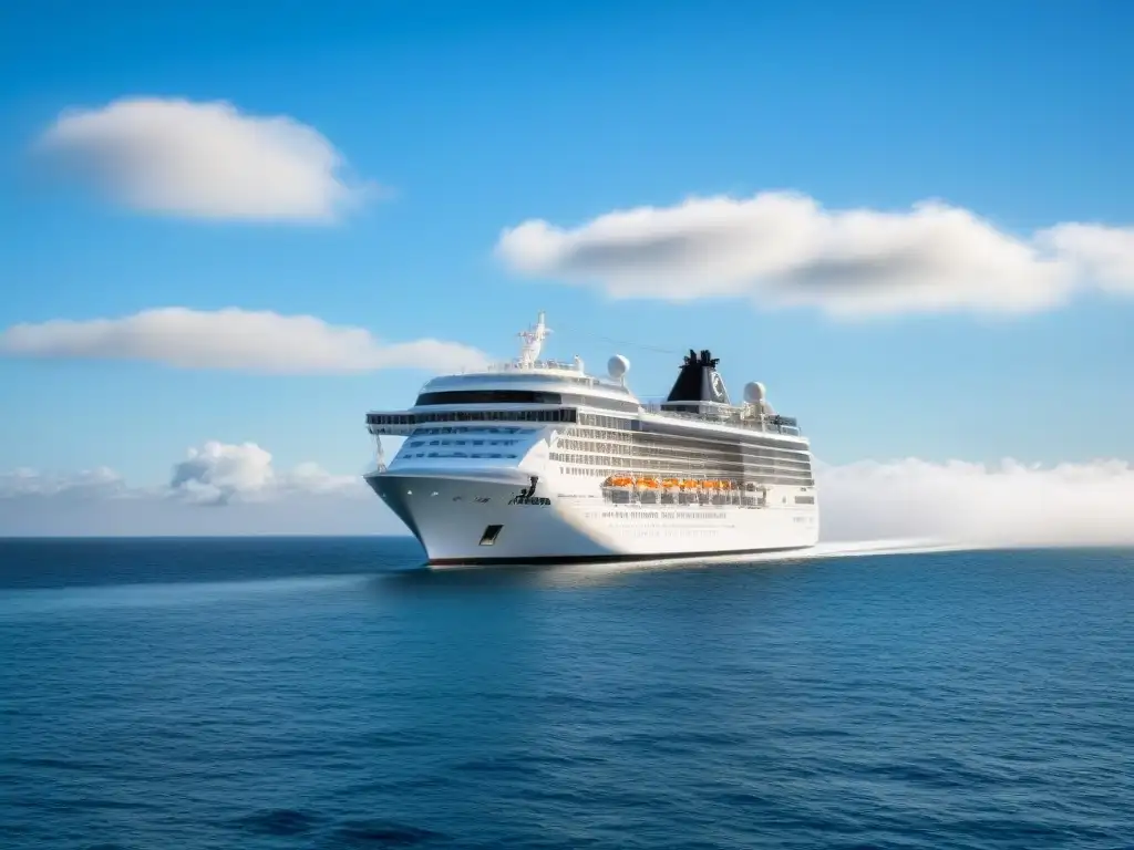 Un crucero de lujo navegando en aguas tranquilas bajo un cielo azul, transmitiendo serenidad