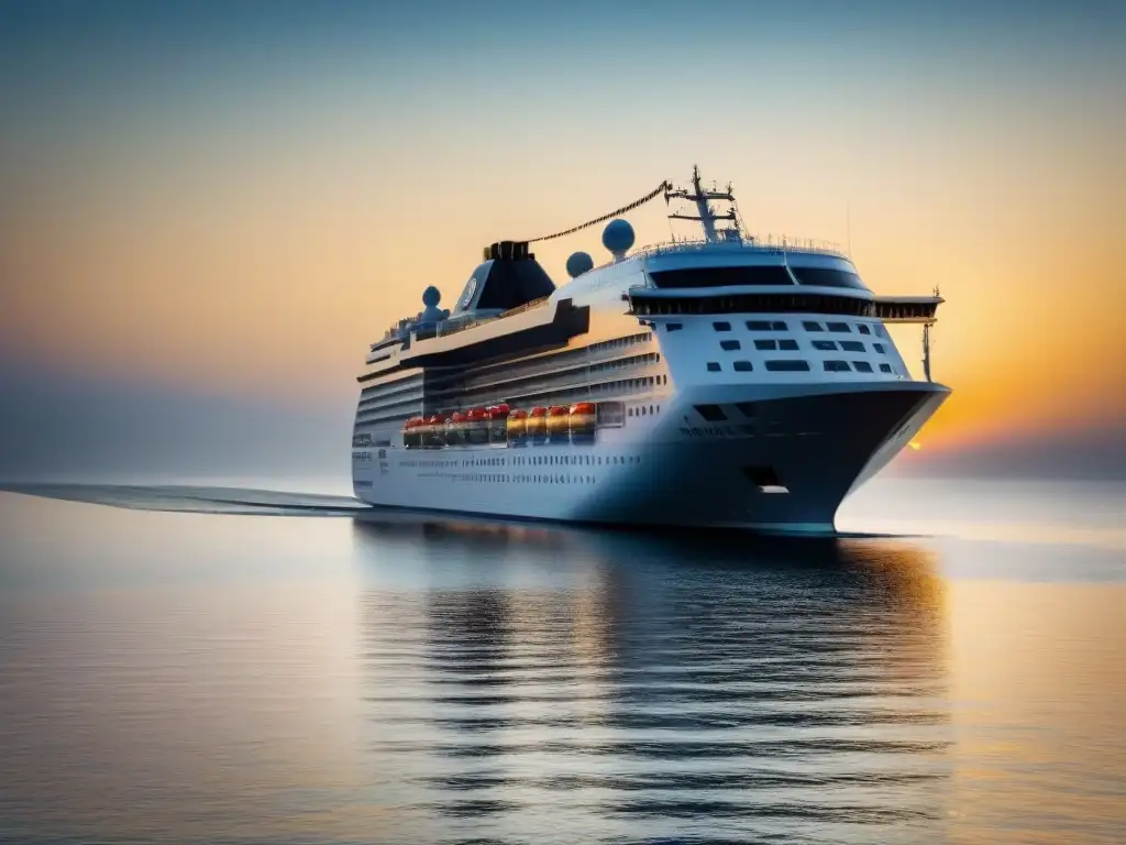 Un crucero de lujo navegando sobre aguas tranquilas al atardecer, reflejando exclusividad y calma para programas de lealtad en cruceros