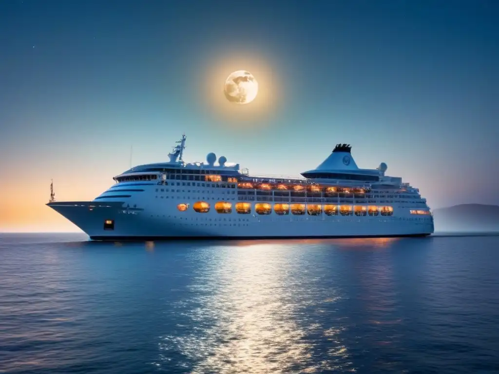 Un crucero de lujo surca aguas tranquilas bajo un cielo estrellado y la luz de la luna, ideal para cursos historia marítima crucero