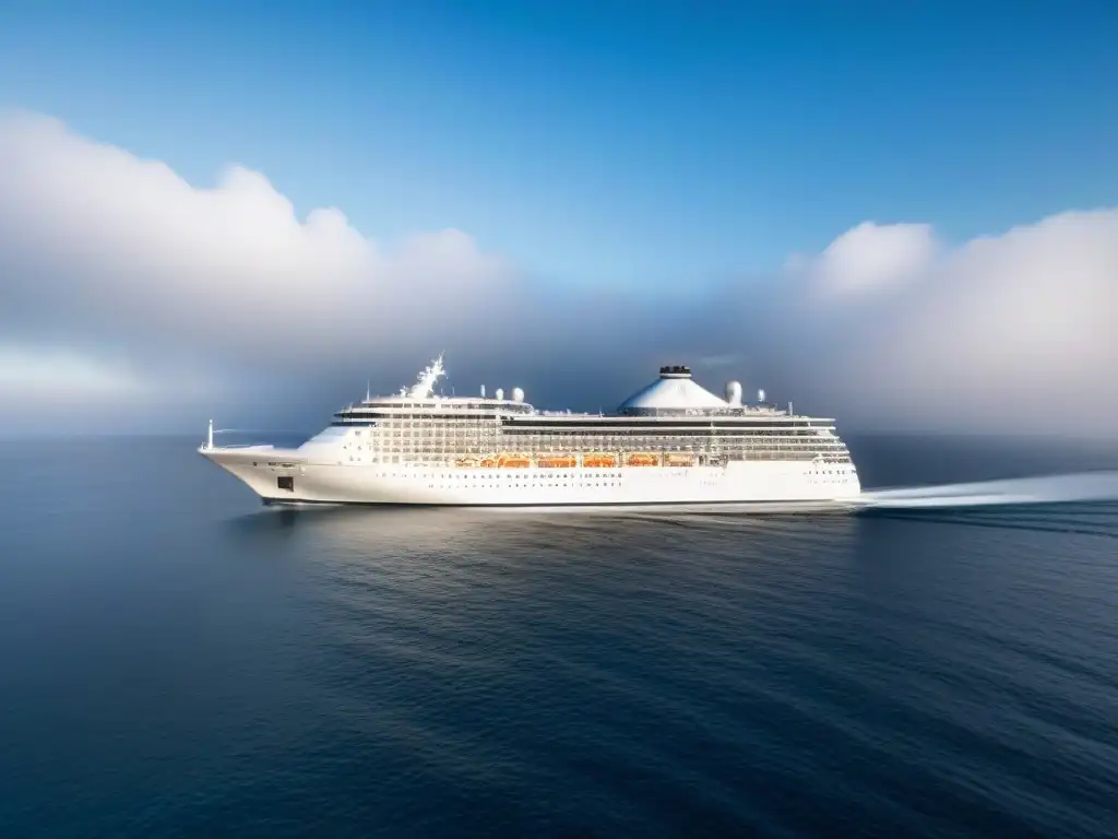 Un crucero de lujo navegando en aguas tranquilas, reflejando la elegancia de los programas de lealtad en cruceros