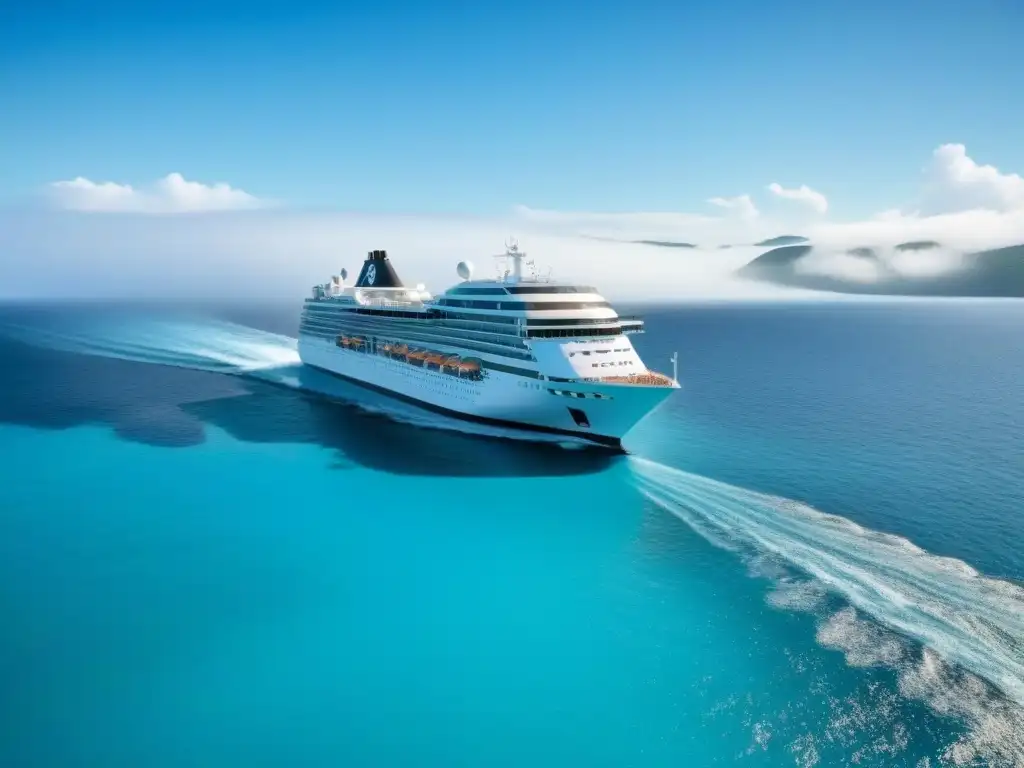 Crucero de lujo surcando aguas turquesa en paraíso tropical Un crucero de lujo navegando en aguas turquesas con islas tropicales al fondo, reflejando la rentabilidad de los cruceros de lujo