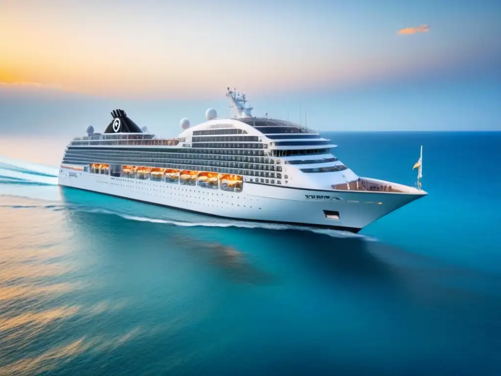 Un crucero de lujo navegando en aguas turquesas al atardecer, evocando tranquilidad y sofisticación