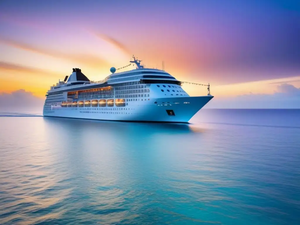 Un crucero de lujo navegando en aguas turquesas al atardecer, reflejando paz y bienestar integral