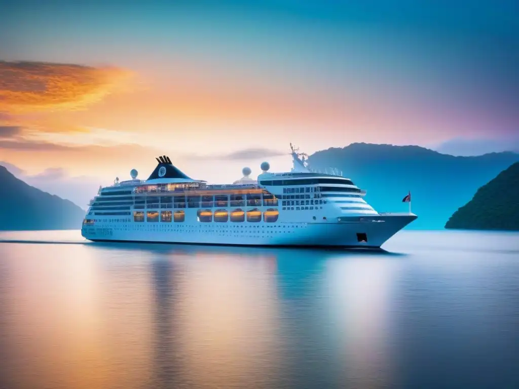 Un crucero de lujo navegando en aguas turquesas, rodeado de islas verdes bajo un atardecer colorido