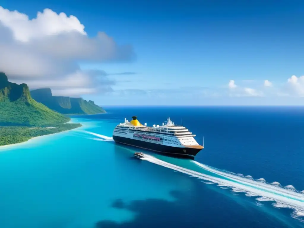 Un crucero de lujo navegando en aguas turquesas bajo un cielo azul, rodeado de islas tropicales