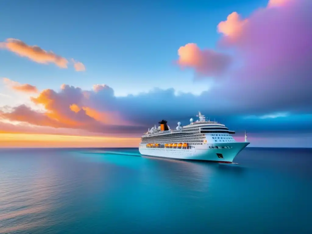 Un crucero de lujo surcando aguas turquesas al atardecer, ideal para las mejores temporadas de navegación cruceros