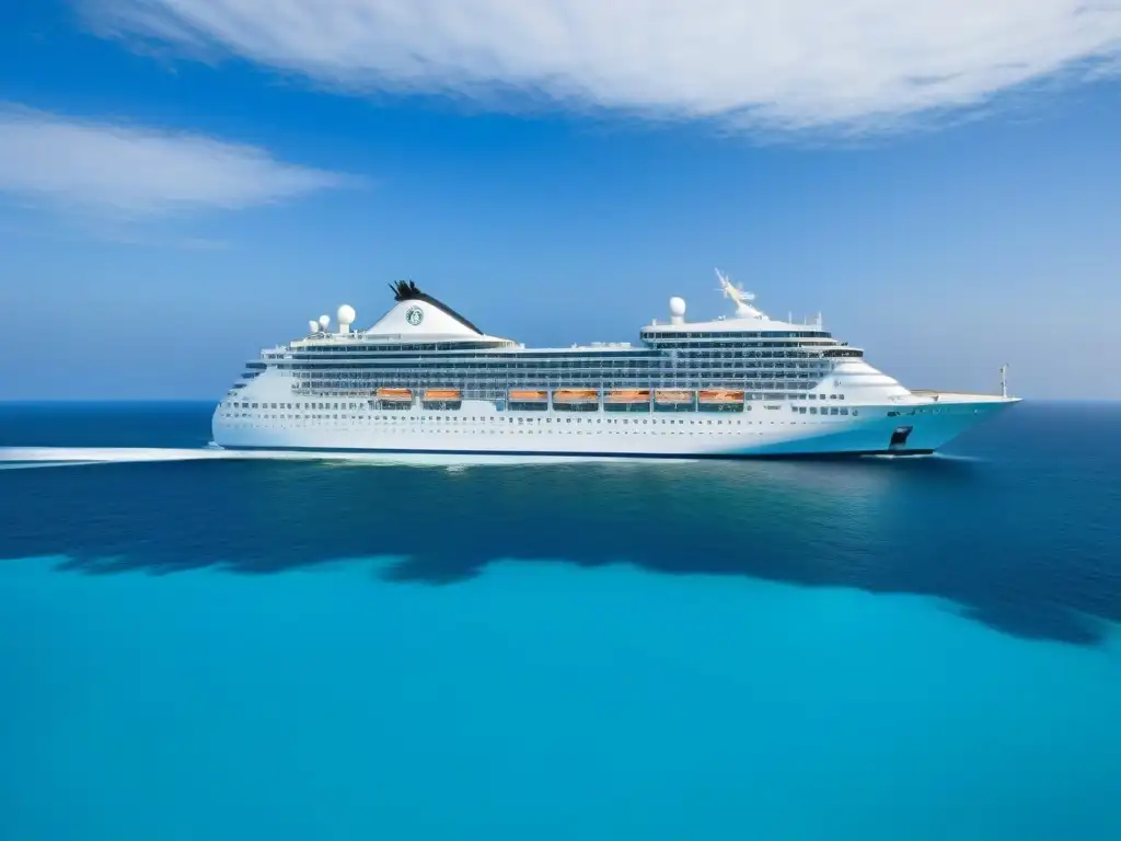 Un crucero de lujo navegando en aguas turquesas, con un cielo despejado y islas verdes al fondo