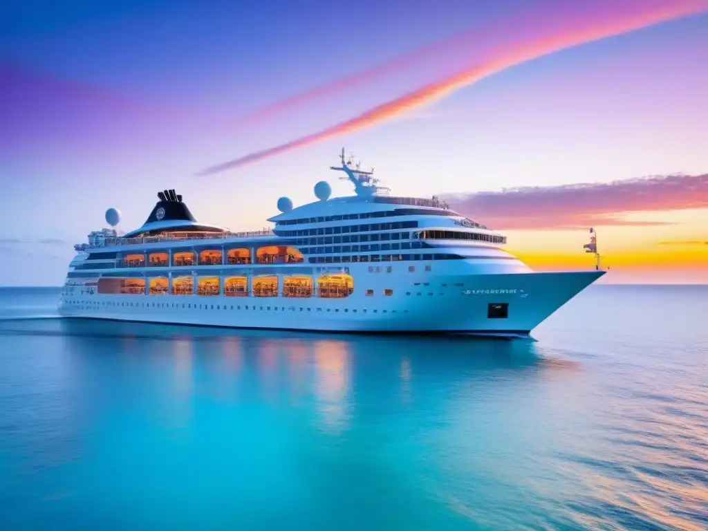 Un crucero de lujo navegando en aguas turquesas al atardecer, con un horizonte iluminado por tonos cálidos