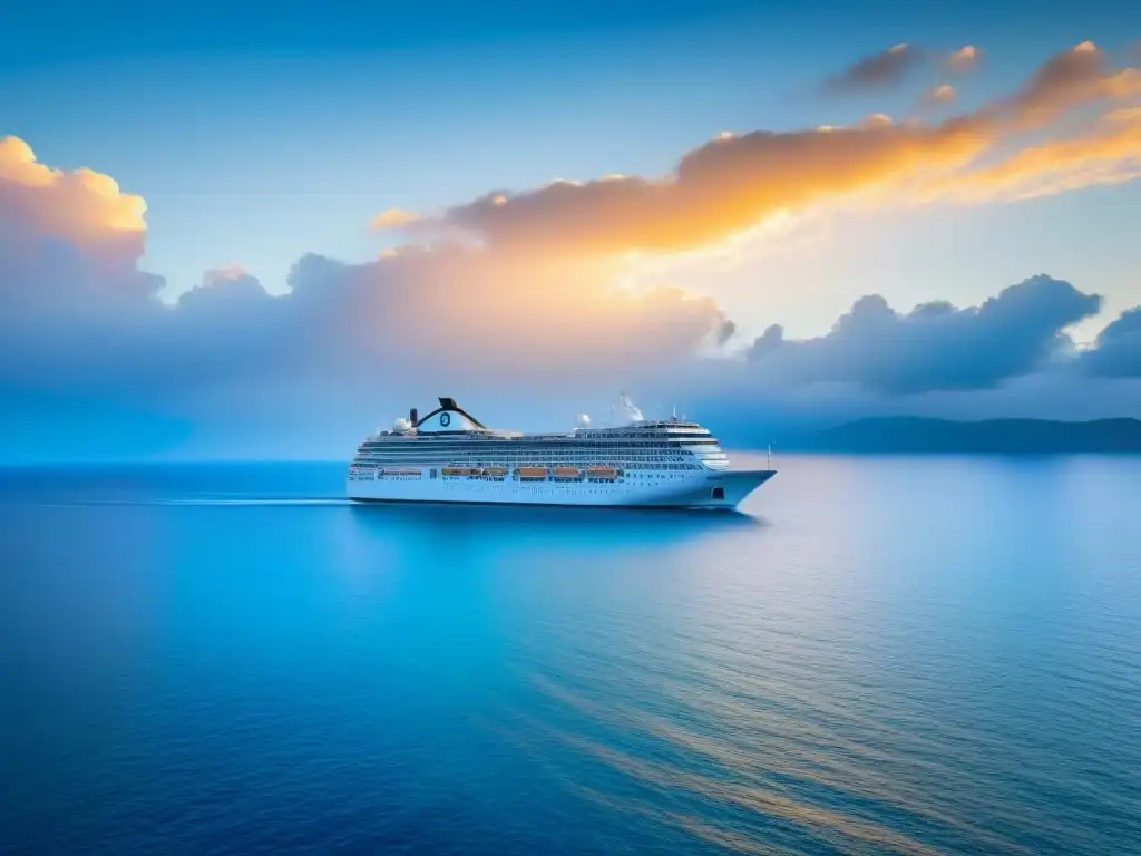 Un crucero de lujo navegando en aguas turquesas bajo un cielo despejado al atardecer