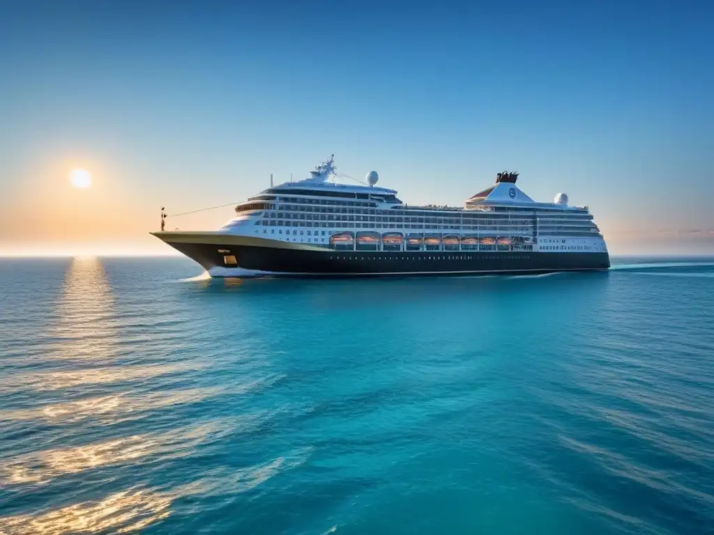 Un crucero de lujo navegando en aguas turquesas al atardecer