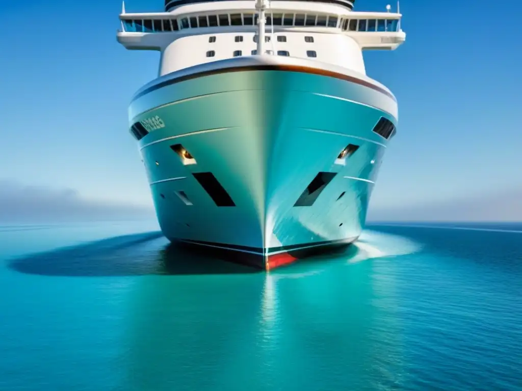 Un crucero de lujo navegando en aguas turquesas bajo un cielo azul, reflejando su elegante diseño