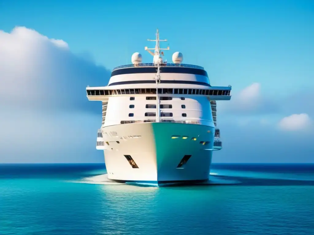 Un crucero de lujo surcando aguas turquesas, reflejando un viaje seguro y saludable en medio de la tranquilidad marina