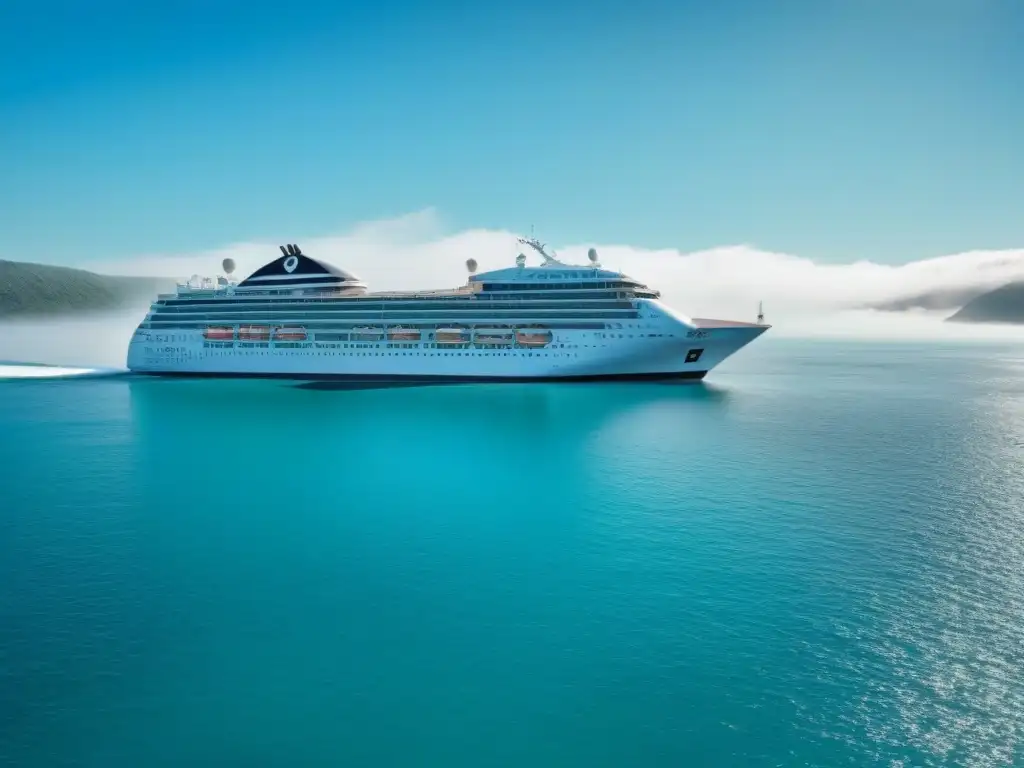 Un crucero de lujo surcando aguas turquesas bajo un cielo despejado, reflejando elegancia y tranquilidad